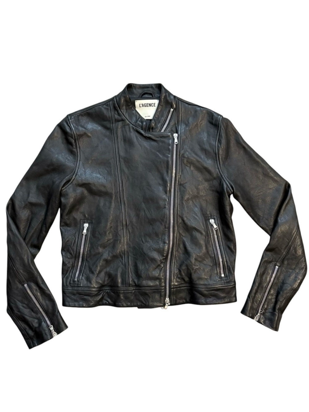 L’Agence Black Lambskin Leather Moto Biker Zipper Jacket Size 6